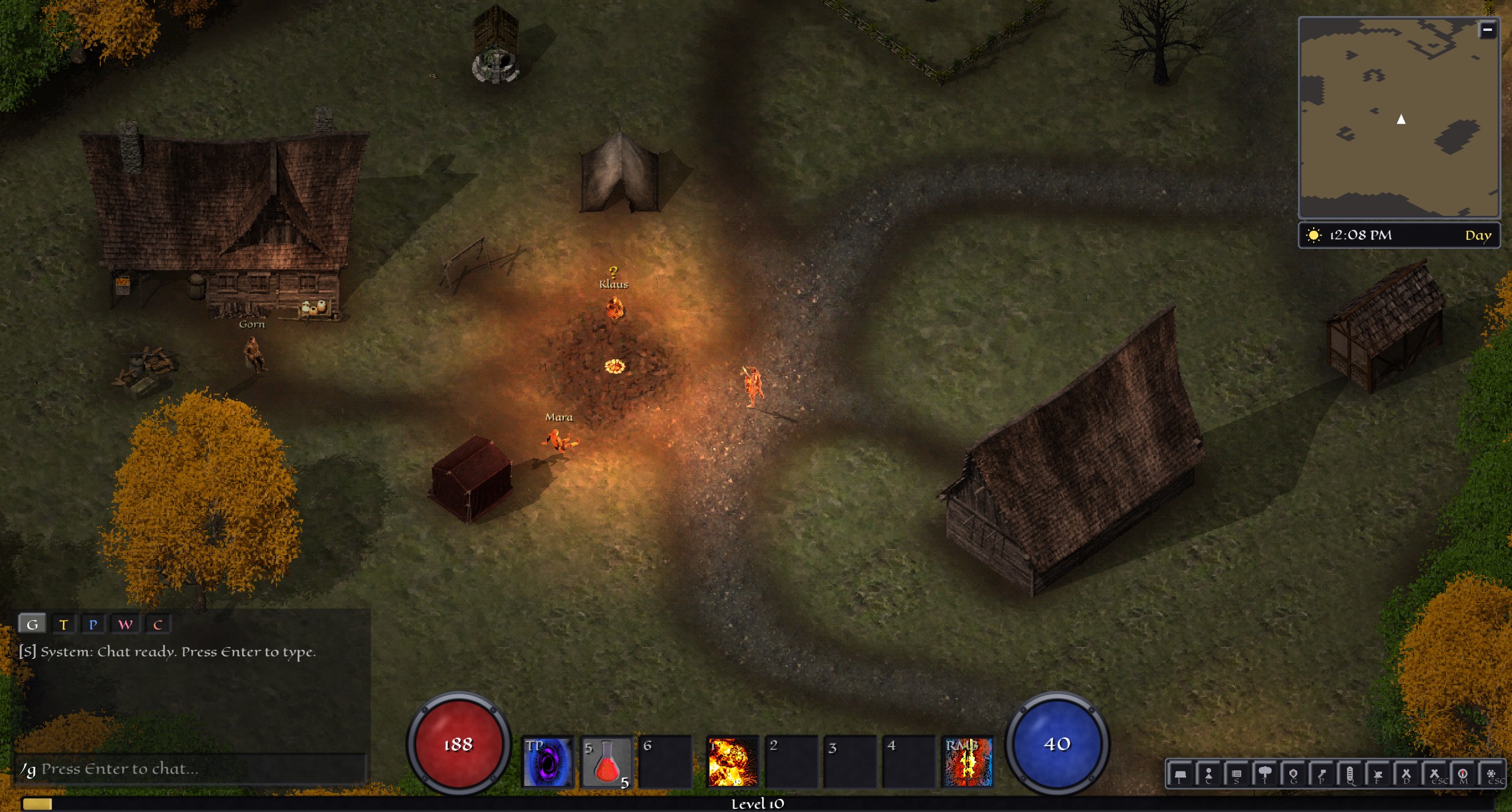 Isometric view of Oakvale Village in daylight, with villagers gathered around a central campfire where several dirt roads meet
