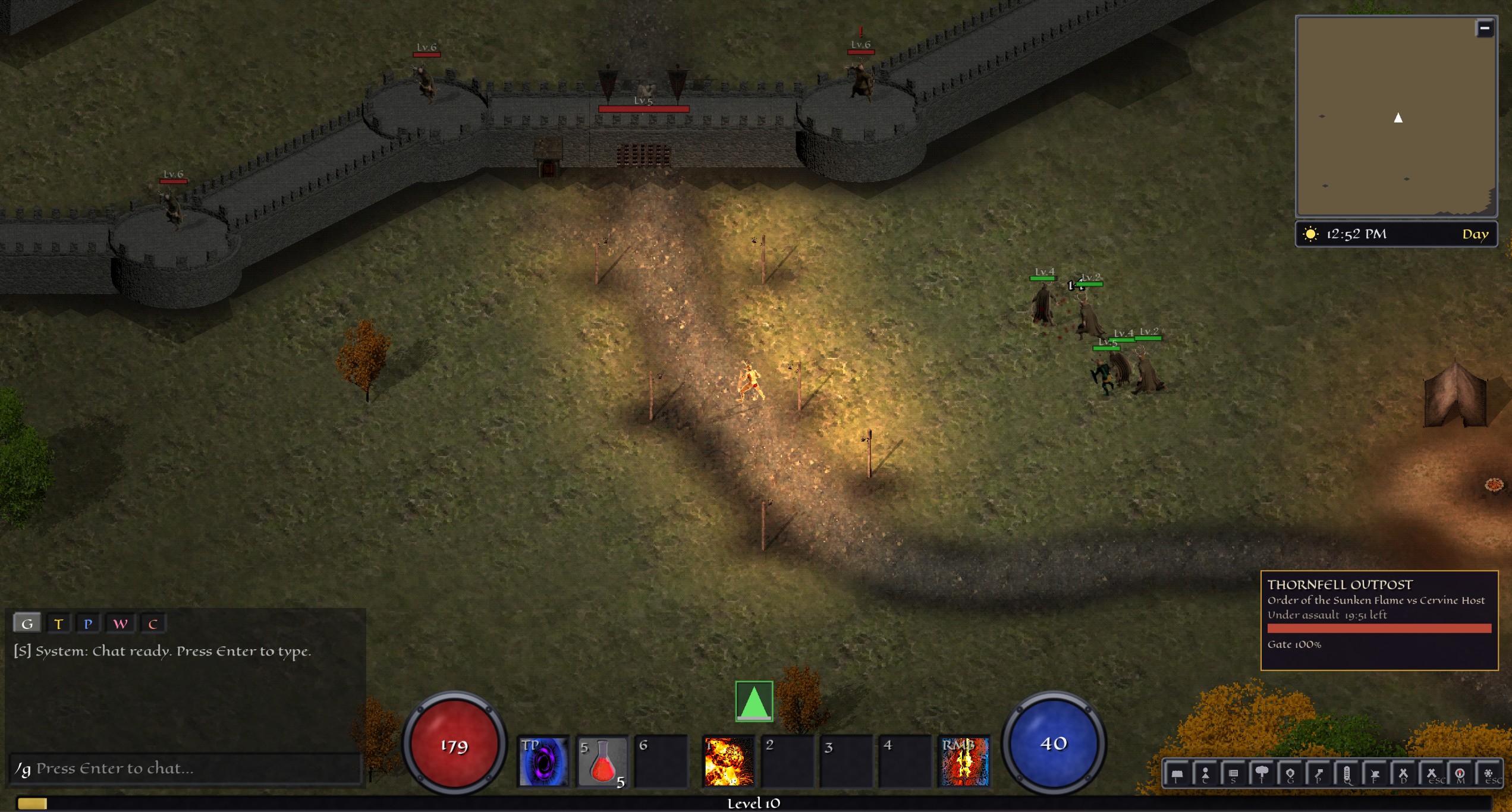 A Bulwark approaching the walls of Thornfell Outpost, with the siege banner showing Order of the Sunken Flame versus Cervine Host and gate health