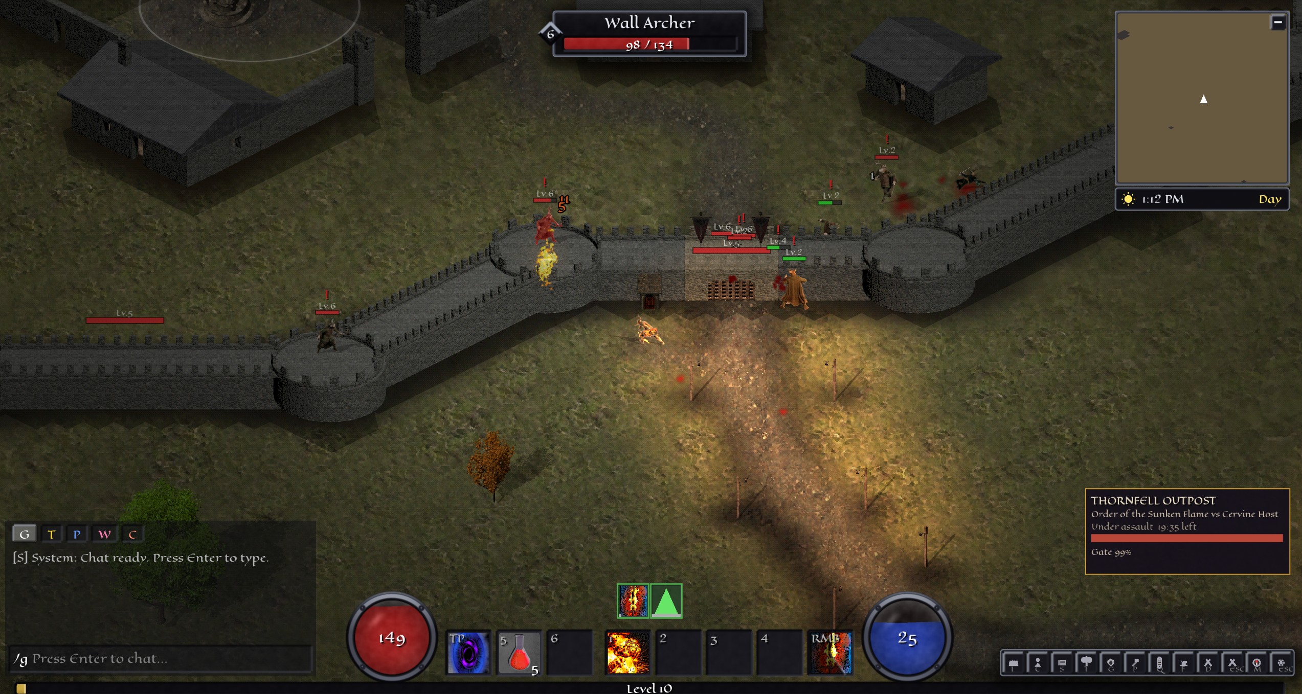 Both armies clashing at the main gate of Thornfell while a Wall Archer's health bar shows at the top of the screen