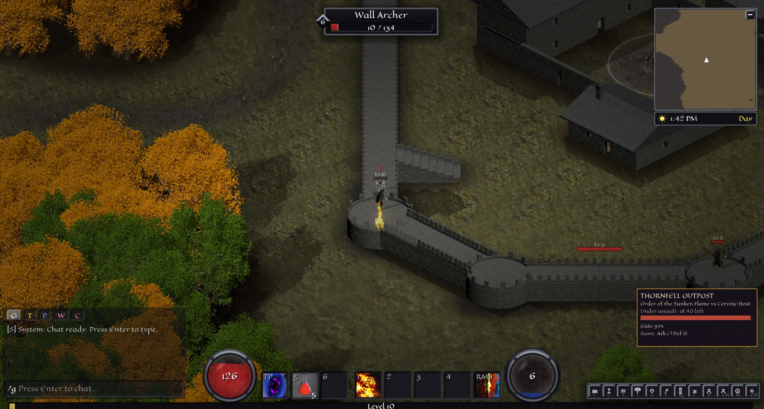 A Bulwark fighting a Wall Archer on the ramparts of Thornfell during the siege