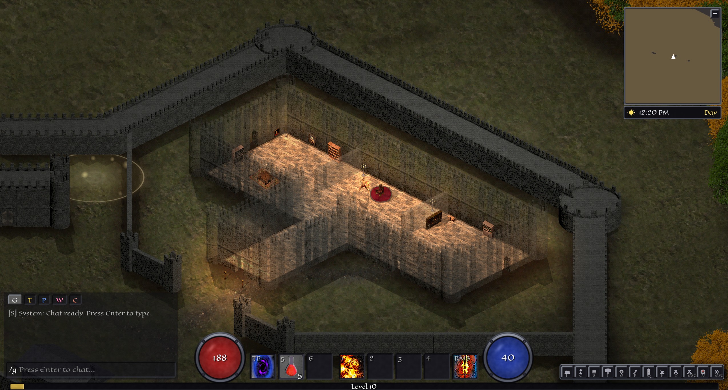 The throne room inside Thornfell's keep, lit by braziers within the castle walls