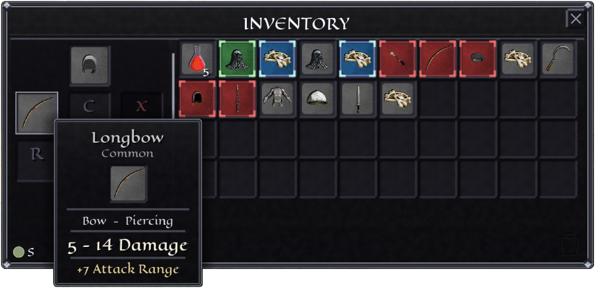 The inventory grid with a tooltip for a common Longbow showing bow, piercing, 5 to 14 damage, and plus 7 attack range