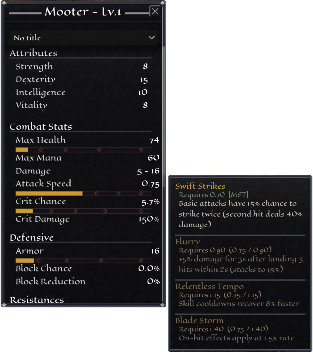 The character sheet of a level 1 Strider, showing attributes, combat stats, defensive stats, and skill tooltips for Swift Strikes, Flurry, Relentless Tempo, and Blade Storm